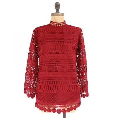 GIBSON x GLAM Living In Amarillo Top XS Manga Campana Borgoña Rojo Encaje NUEVO A2 Foto 1 de 4