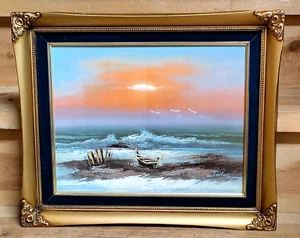 Pintura al óleo original puesta de sol playa paisaje marino costero marco dorado ornamentado arte firmado - Imagen 1 de 18