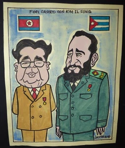 FIDEL CASTRO & KIM IL-SUNG / Cuban Drawing of Cuba + N. Korea Leaders by LACOSTE - Picture 1 of 5
