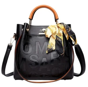 NWT Elegant Women Tote Shoulder Bag with Scarf Black/Brown - Picture 1 of 7