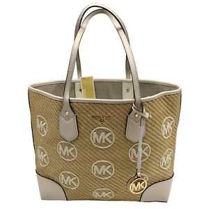 Michael Kors Eva Large Woven Straw and Cream Leather Trim Tote Bag with Pouch