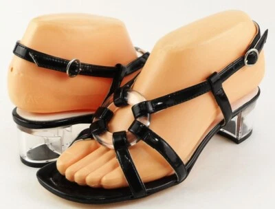 Sandalias de tacón bajo transparentes de moda de diseñador charol negro con tacón RAS BOCK $200 5 EUR 35 Foto 1 de 4