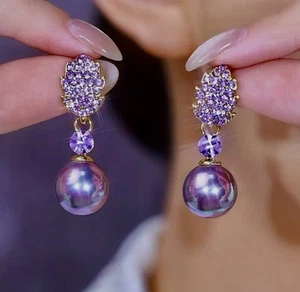 Pearl Earrings Rhinestone Purple Maple Leaf Shape Spring Fashion Jewelry - Picture 1 of 7