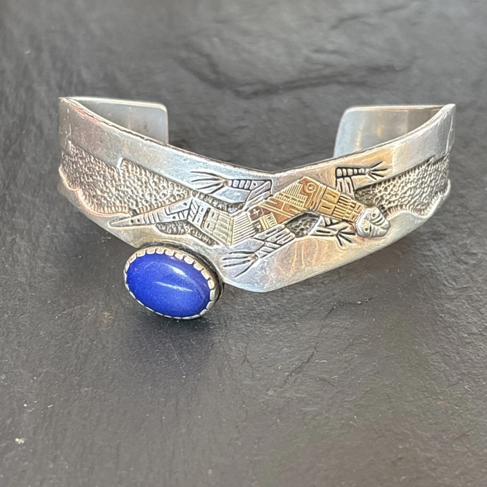 Roderick Tenorio Carolyn Pollack 14k & Sterling Lapis Vintage Cuff Bracelet 6.7” - Image 1 of 4