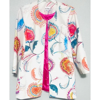3 Sisters Colorful Tunic Open Jacket SZ XL  Lined Cream Boho Artwear Chic Glam  - Image 1 of 4