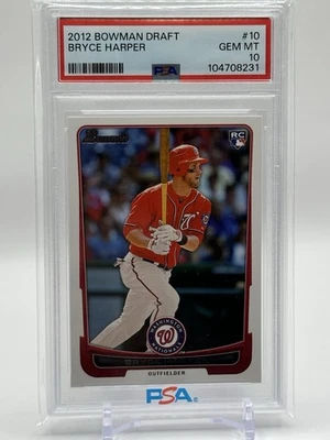 Tarjeta de novato Bryce Harper RC 2012 Bowman Draft No. 10 PSA 10 Gem Mint Phillies Foto 1 de 2