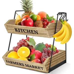 Obstkorb für Küchenarbeitsplatte, 2-stufige Obstschale mit 3 Bananenaufhängern,... - Bild 1 von 7