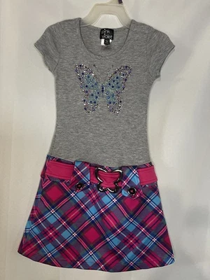Pink Violet Butterfly Bling Belted Dress Girls XS 4/5 Short Sleeve Party Wear - Image 1 of 2