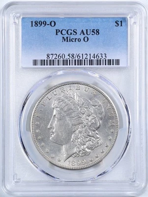 Dólar de plata Morgan 1899-O Micro O $1 AU58 PCGS 61214633 Foto 1 de 4