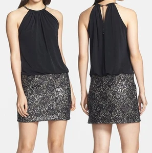 Jessica Simpson schwarz Jersey Neckholder Blouson Ballkleid mit Pailletten-Spitze Rock, $ 149 - Bild 1 von 9