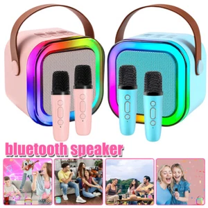 Mini Kids Karaoke Machine Portable Bluetooth Speaker with 2 Wireless Microphone - Picture 1 of 21