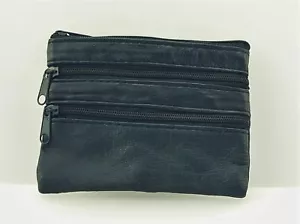 Mens & Ladies | SMALL Soft Real Leather Coin Purse Coin Case Pouch | Four Zips - Picture 1 of 3