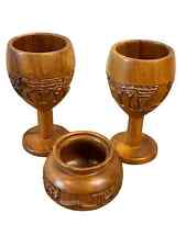 Vintage Monkey Pod Hand Carved Wood Goblet Cups and small bowl 