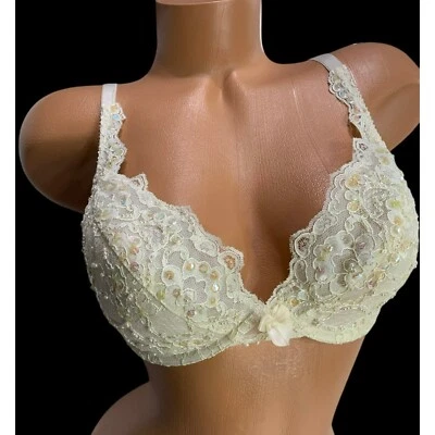 VTG Victoria's Secret Lace Bra 34D Ivory Pearls & Sequins Gold Label 90s Y2K - Image 1 of 4