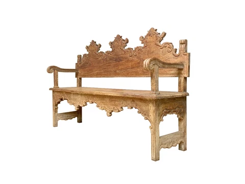 Spanish Colonial Revival Hall Bench - Circa 1930 - Solid Hand Carved Wood Cover