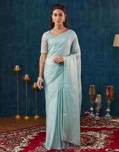 Abbigliamento da festa donna sari indiano pakistano donna shimmer georgette sari tinta unita - Foto 1 di 5