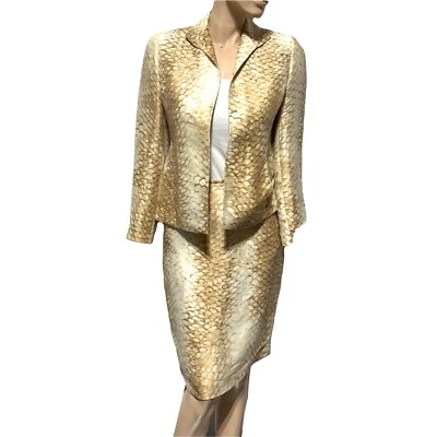 Lafayette 148 Нью-Йорк куртка юбка костюм комплект размер 4 6 миниатюрный змеиной кожи льняной шелк - Изображение 1 из 4