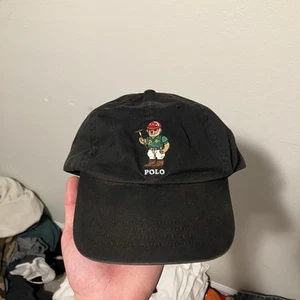 RARE Polo Ralph Lauren Croquet Polo Bear Varsity Adjustable Black Hat RL 14 Y2K - Picture 1 of 3