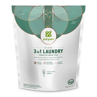 Grab Green Natural Vetiver 3in1 Laundry Detergent Pods 60 Count Eco-Friendly