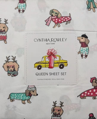 ¡Nuevo! Cynthia Rowley - Juego de sábanas Queen 4 piezas - Perros Dachshund de Navidad en suéteres Foto 1 de 2