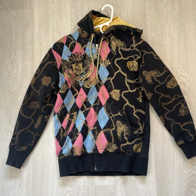 Christian Audigier Ed Hardy Argyle Vintage Y2K Cremallera Completa Satén Sudadera con Capucha Pequeña Foto 1 de 4