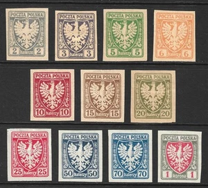 Polonia Scott 61-71 en estado bastante bueno como nuevo sin goma como emitido Águila polaca emitida 1919 - Imagen 1 de 2