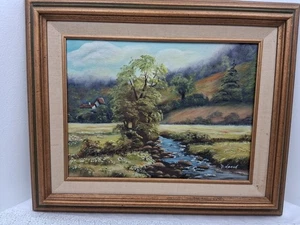 Pintura al óleo de colección Country Creek firmada por B. David enmarcada colinas naturaleza flor silvestre - Imagen 1 de 11