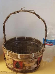 RARE Woven Basket Handle Liner Christmas Tree Carved Design Bells Birch Bark OLD - Picture 1 of 1