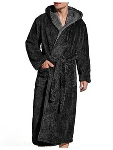 Mens Fleece Plush Robe with Hood Ultra Soft Fluffy Full Length Large Black - Picture 1 of 7