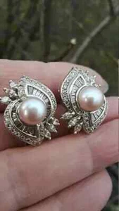 2Ct Round Cut Natural Pearl Stylish Cluster Hoop Earrings 14K White Gold Plated - Picture 1 of 8