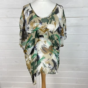 POLECI Top Womens Size UK 12 Green Beige Silk Abstract Floaty Tie Back - Picture 1 of 11