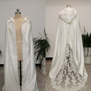 Wedding Bride's Cloak Lace Edge Hooded Shawl Windbreaker White lvory Custom - Picture 1 of 6