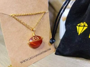 Gold Wire Wrapped Carnelian Healing Crystal Round Necklace Gold tone Handmade - Picture 1 of 6