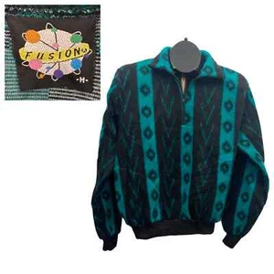 1990s Stripe Quarter Zip Fleece Sweater Jacket USA Made / Women’s Medium - Picture 1 of 4