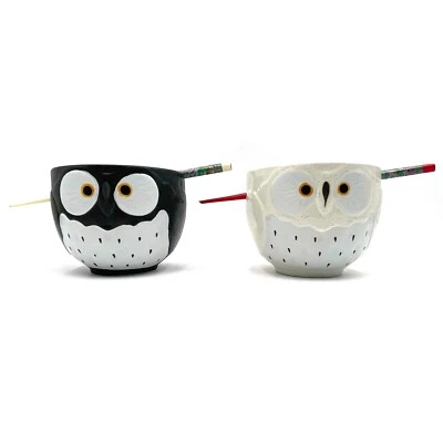 2 tigelas de cerâmica coruja ramen macarrão preto branco nevado com pauzinhos - Imagem 1 de 4