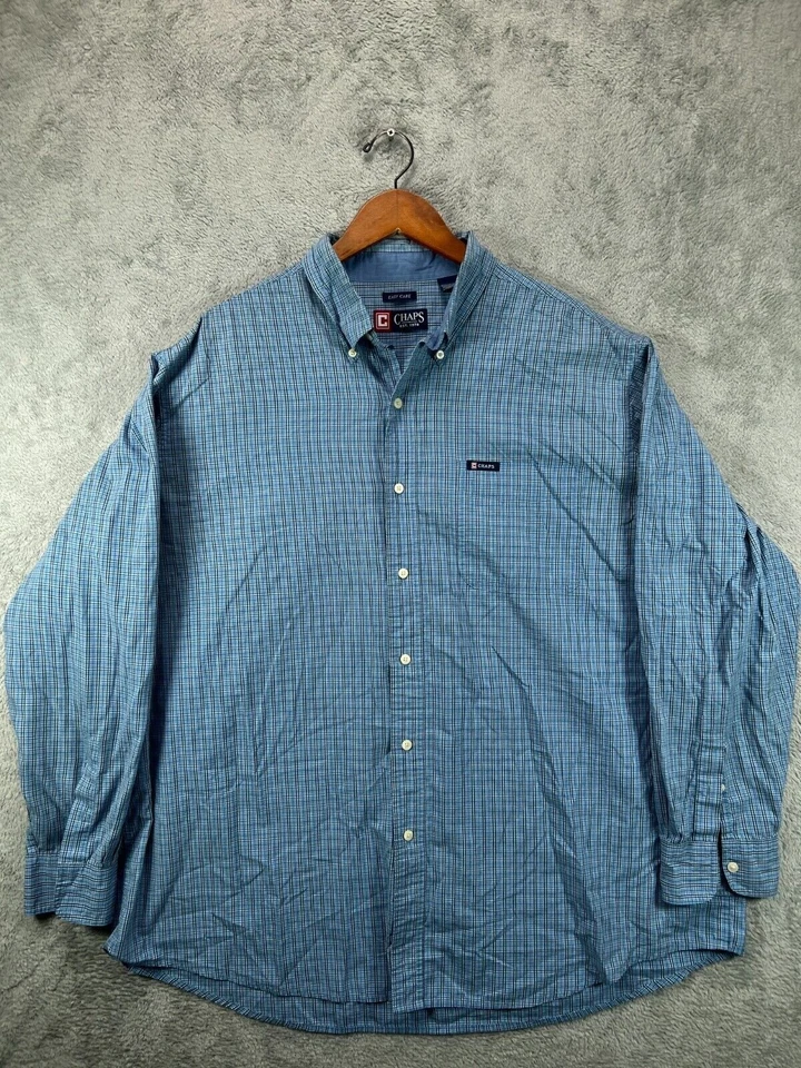 CHAPS Mens Big 2X Blue Button Down Shirts Easy Care Micro Plaid Long Sleeve - Image 1 of 4