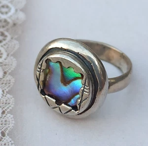 Vintage Ring Sterling Silver 925 Israeli Artisan Blue Green Shell Round VTG 6.5 - Picture 1 of 15