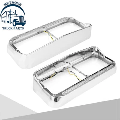 Pair Chrome Headlight Bezels w/LED Lens for Kenworth T400 T600 T800 W900B W900L - Image 1 of 4