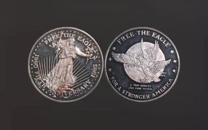 1980 1985 FREE the Eagle 5th Anniversary 2oz 999 Fine Silver Art Bar Round - Bild 1 von 3