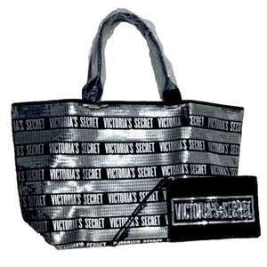 Victoria Secret Limited Edition Silver Black Sequin Tote With Wristlet - Picture 1 of 5