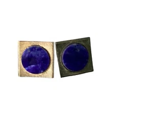 Gold Tone Cuff link Signed Blue Round Stone - Picture 1 of 10