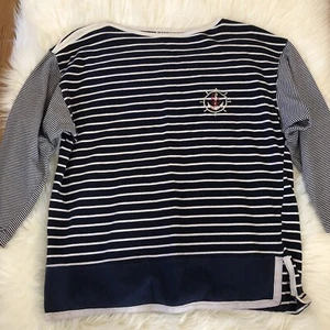 VTG 90s Nautical Classic Onque Top Navy Blue White Striped Anchor Coastal Large - Picture 1 of 7