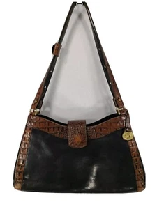 Brahmin Double Handle Shoulder Bag Black Brown Crocodile Trim Purse Leather - Picture 1 of 12