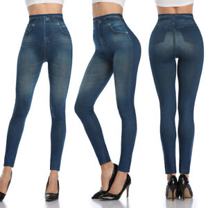 Women Blue Faux Denim Jeans High Waist Skinny Jeggings Leggings Pencil Pants