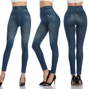 Women Blue Faux Denim Jeans High Waist Skinny Jeggings Leggings Pencil Pants - Picture 1 of 14