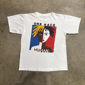 Vintage One Race Human Shirt Mens Large White 90s Art Black History Culture USA - Picture 1 of 7