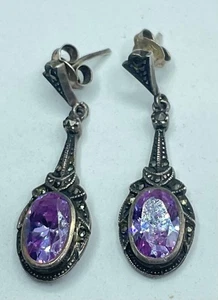 925 STERLING SILVER AMETHYST MARCASITE EARRINGS - Picture 1 of 4