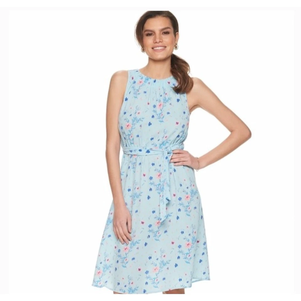 Vestido Juicy Couture Lluvia Floral Hasta la Rodilla Corbata Lateral Sin Mangas Azul Talla M Foto 1 de 4