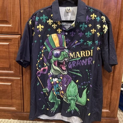 Mardi Gras Men's Button Shirt Short Sleeve Dinosaur T-Rex Med - Image 1 of 4