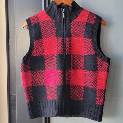 Chaleco Ralph Lauren Vintage Mujer Cremallera Completa Grande Tejido a Mano Lana de Cordero Cuadros Rojo Foto 1 de 4
